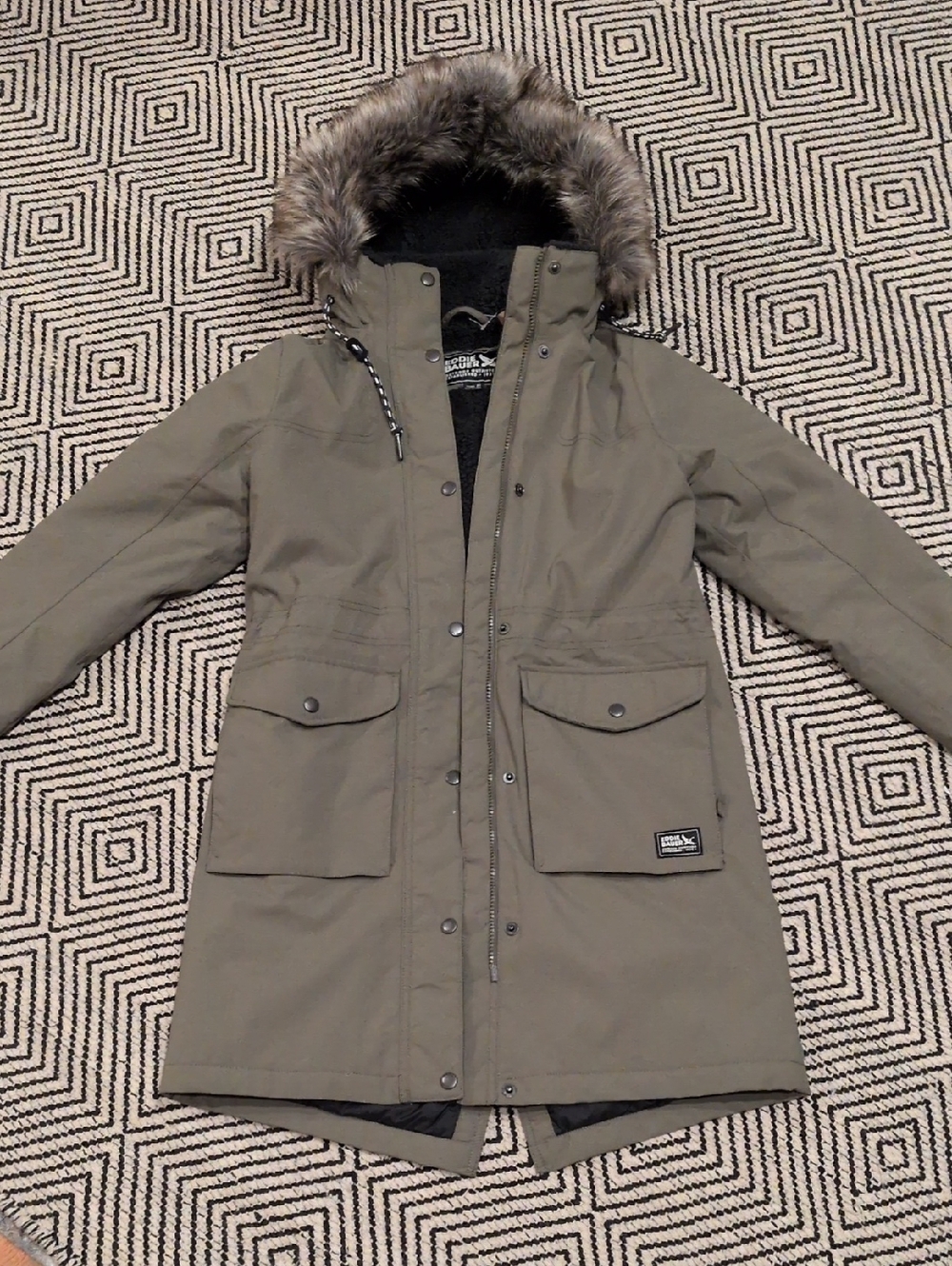 Eddie Bauer Olive Green Faux Fur Trim Parka